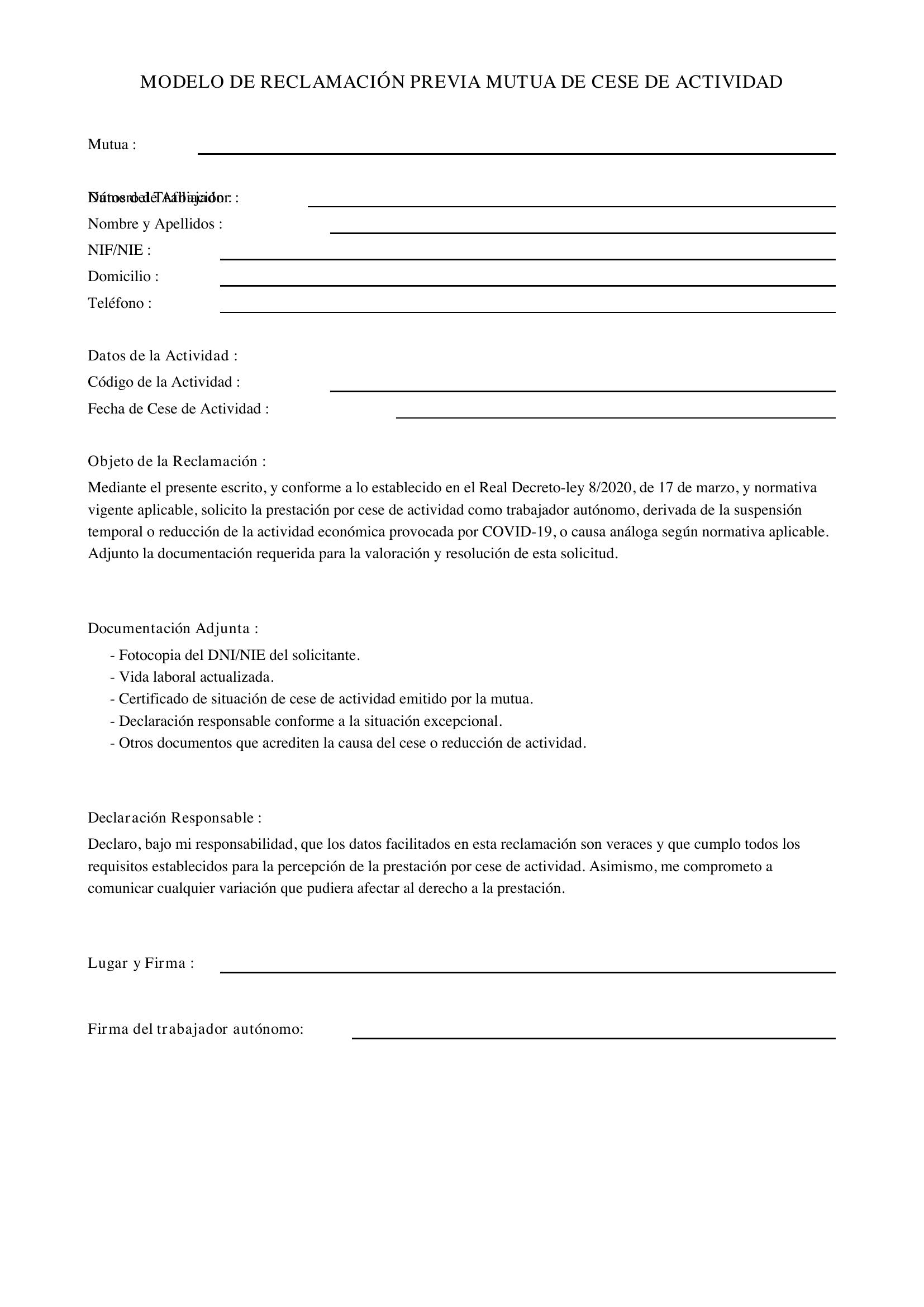 Modelo Reclamación Previa Mutua Cese Actividad