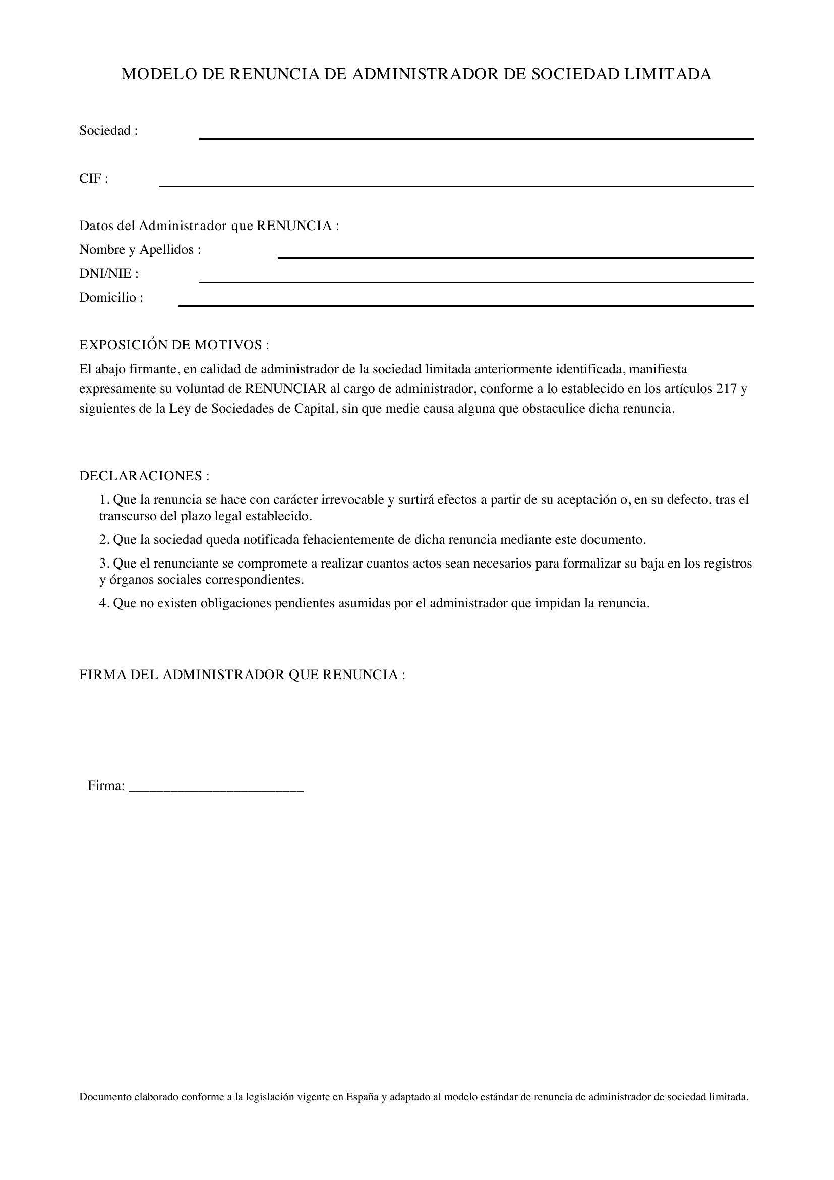 Modelo Renuncia Administrador Sociedad Limitada