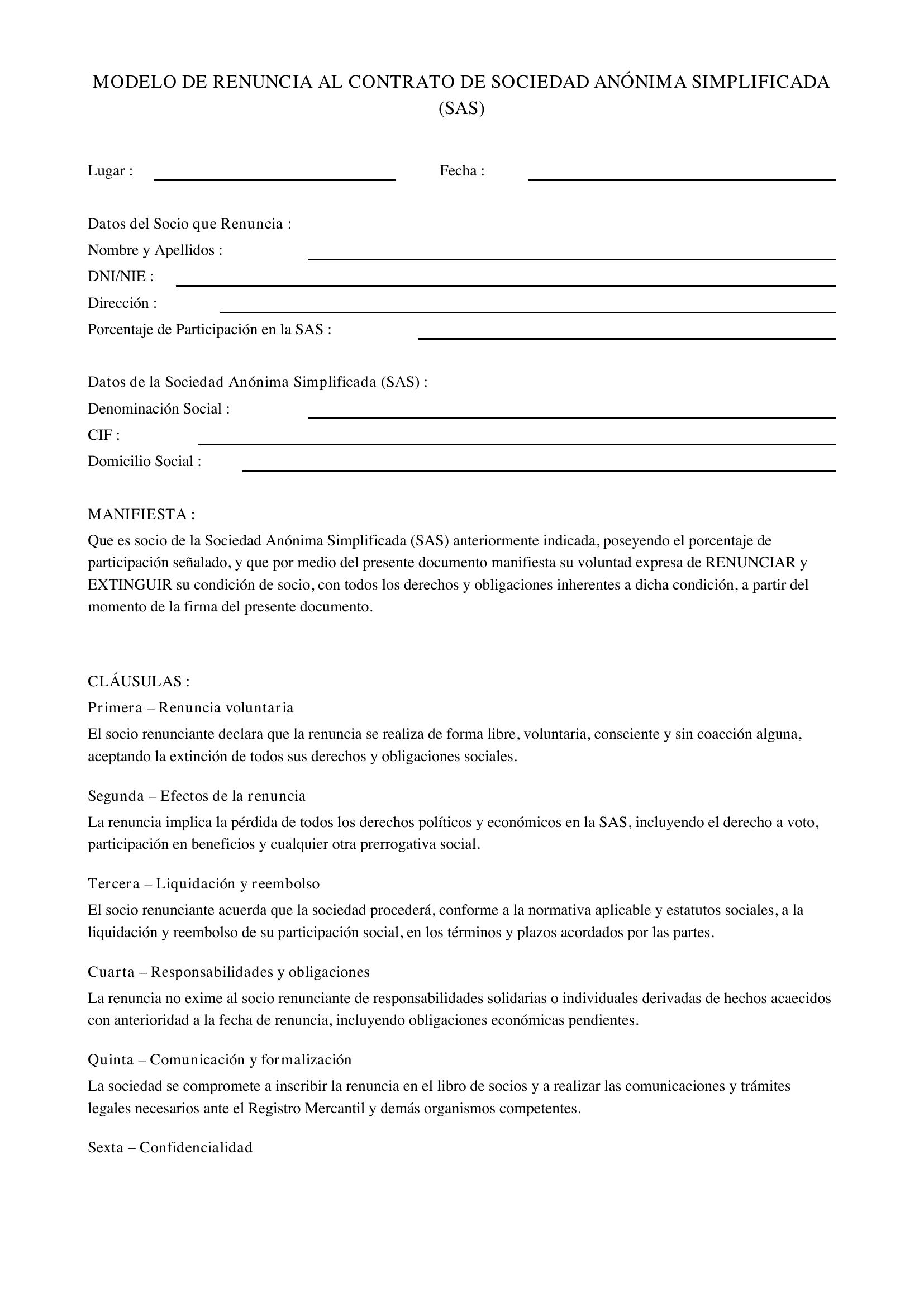Modelo Renuncia Contrato Sas