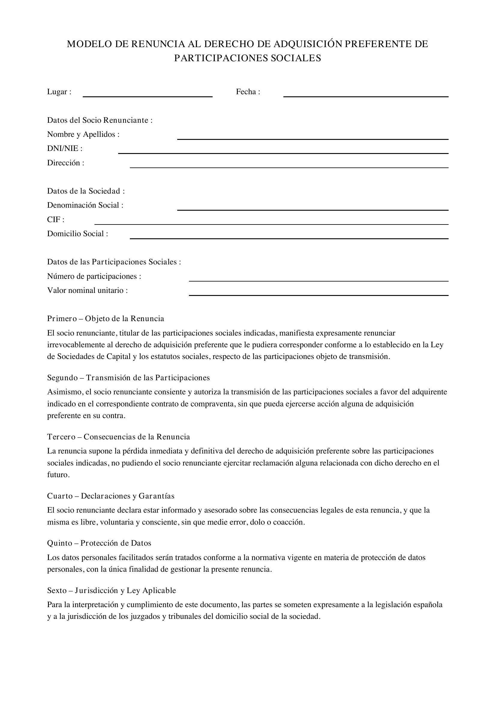Modelo Renuncia Derecho Adquisición Preferente Participaciones
