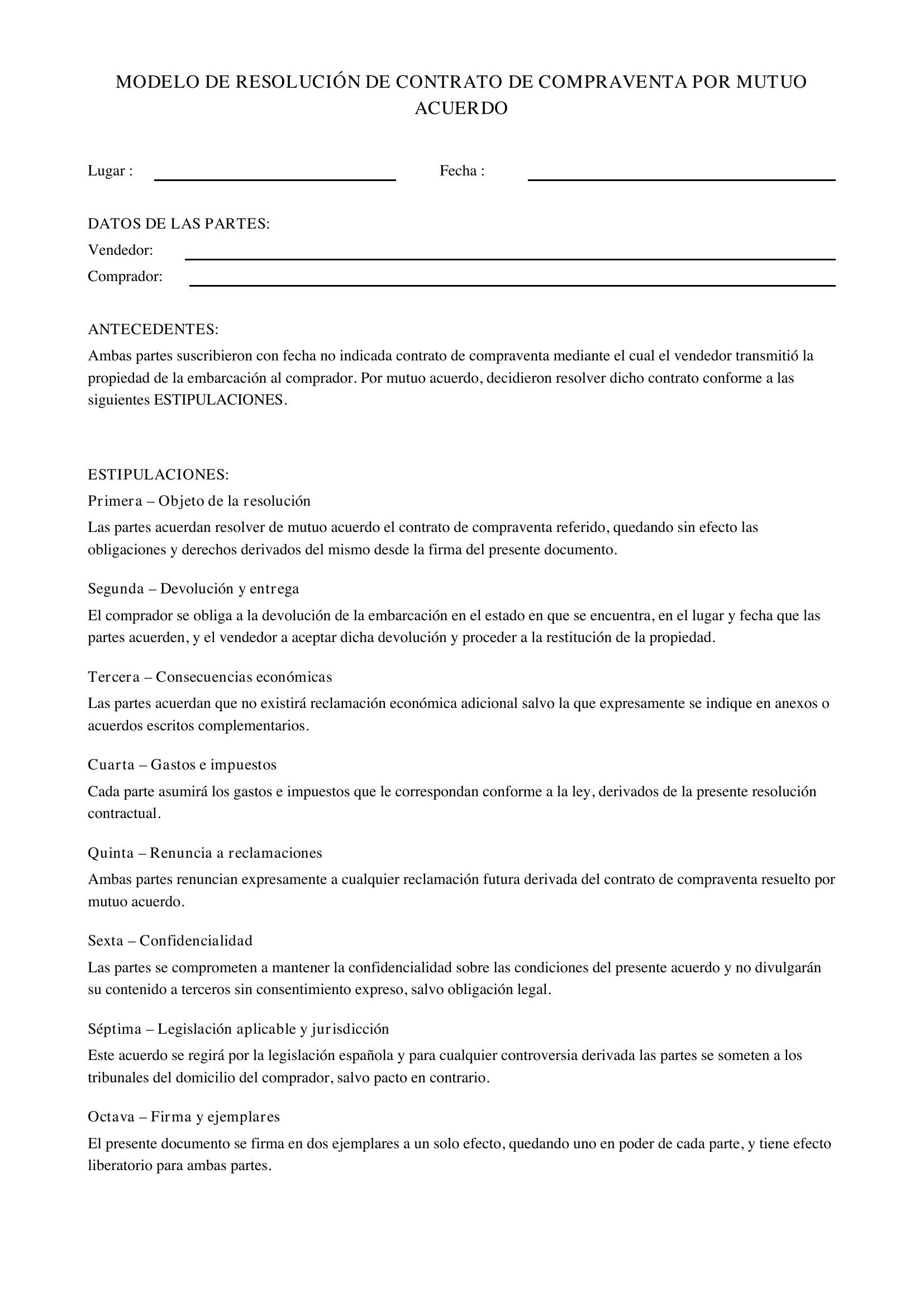 Modelo Resolución Contrato Compraventa Mutuo Acuerdo