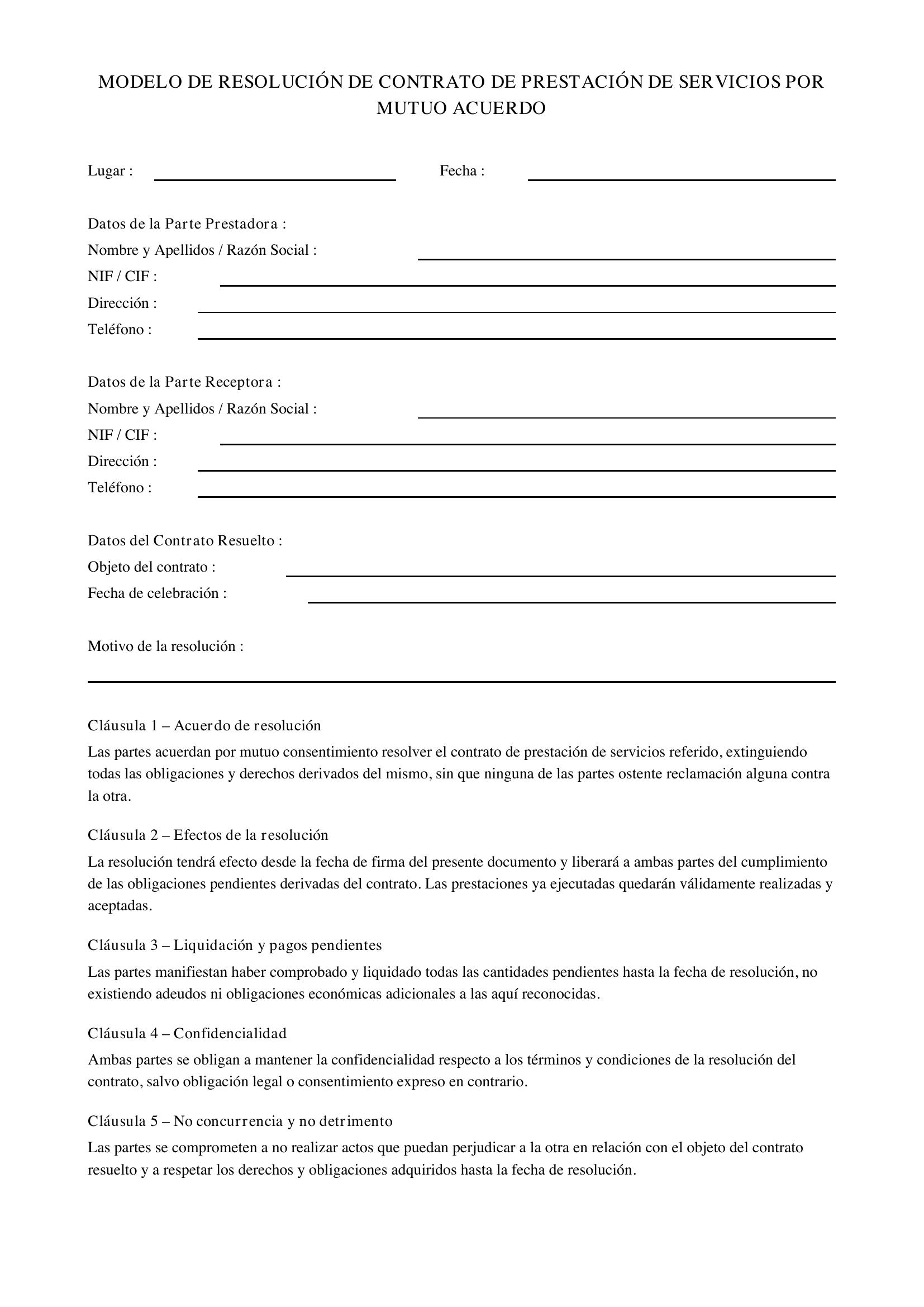 Modelo Resolución Contrato Prestación Servicios Mutuo Acuerdo