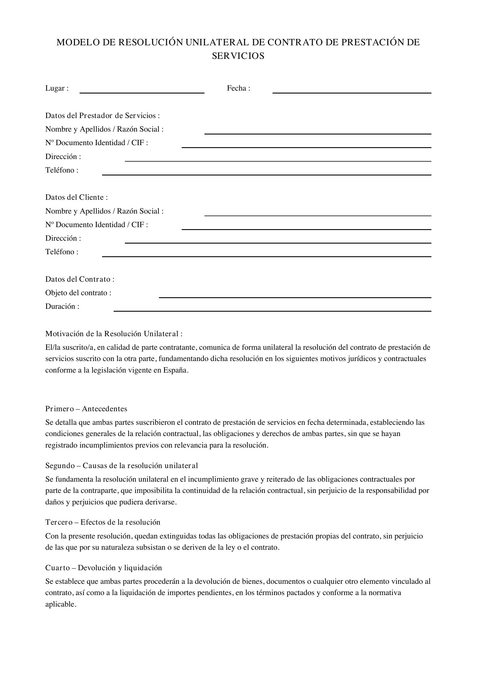 Modelo Resolución Unilateral Contrato Prestación De Servicios