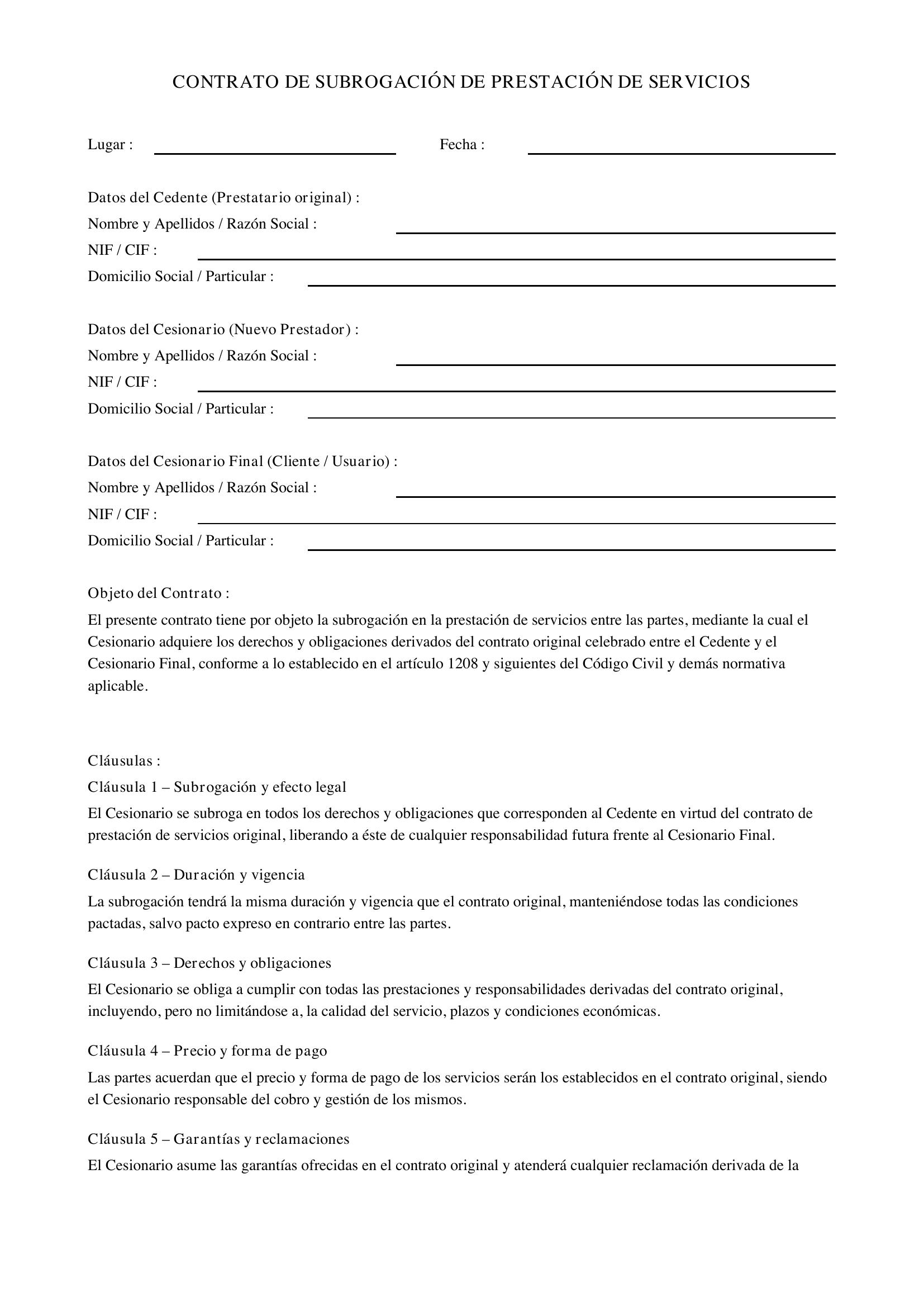Modelo Subrogación Contrato Prestación De Servicios