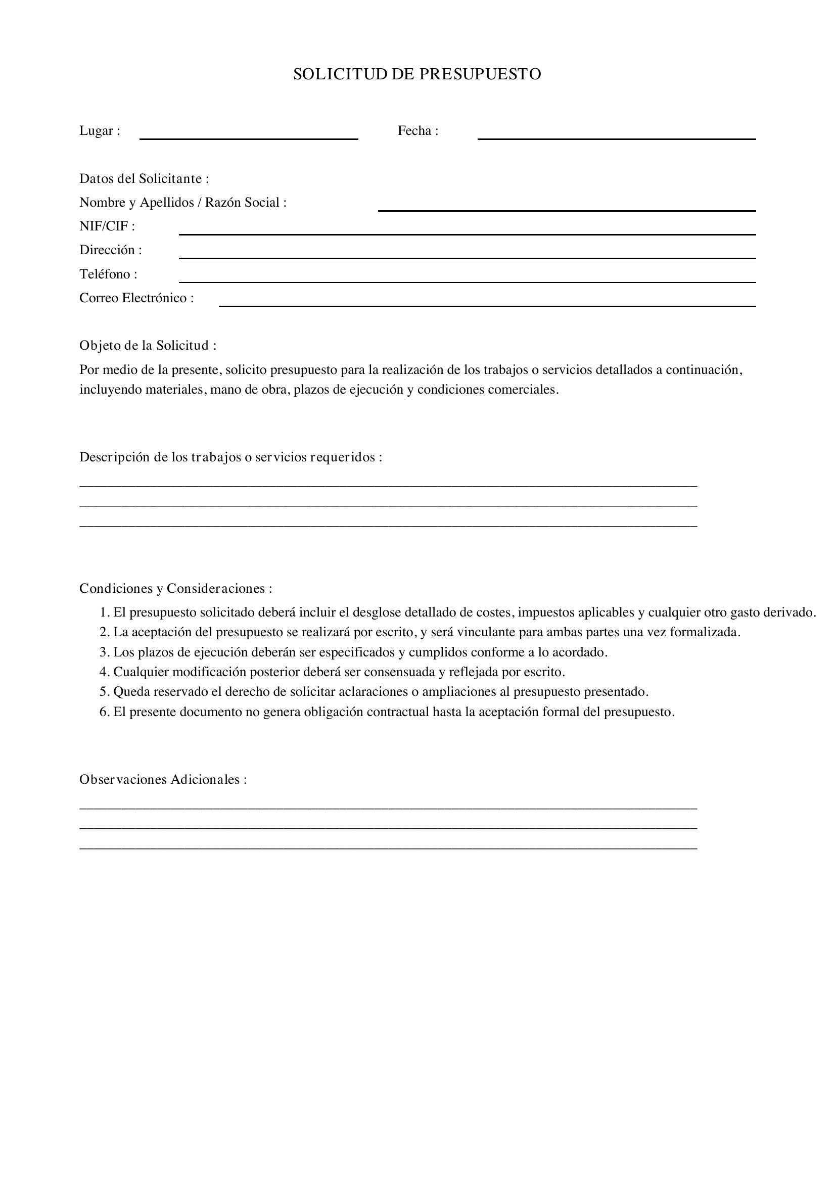 Solicitud De Presupuesto Ejemplo